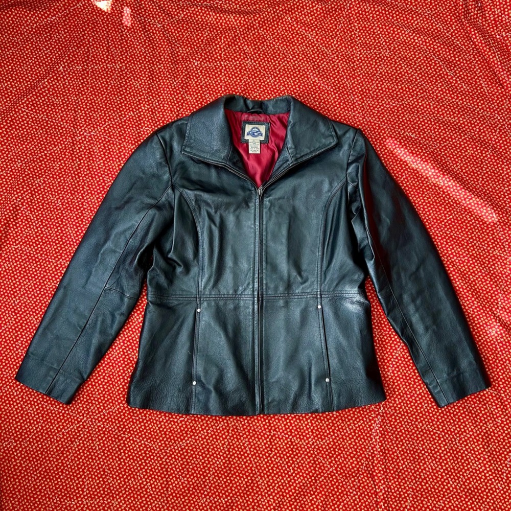 Shaver Lake Black vintage 90s Genuine Leather Jacket Zip Up Collared Women Large